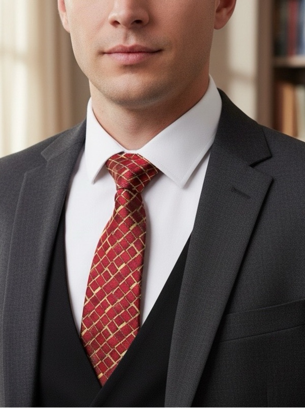 Mens Desantis Italian Silk tie dark red and gold geometric design square diamond